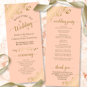 Elegant Ornate Gold Curls on Coral Peach Wedding Program