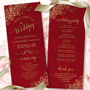 Elegant Ornate Gold Curls on Crimson Red Wedding Program
