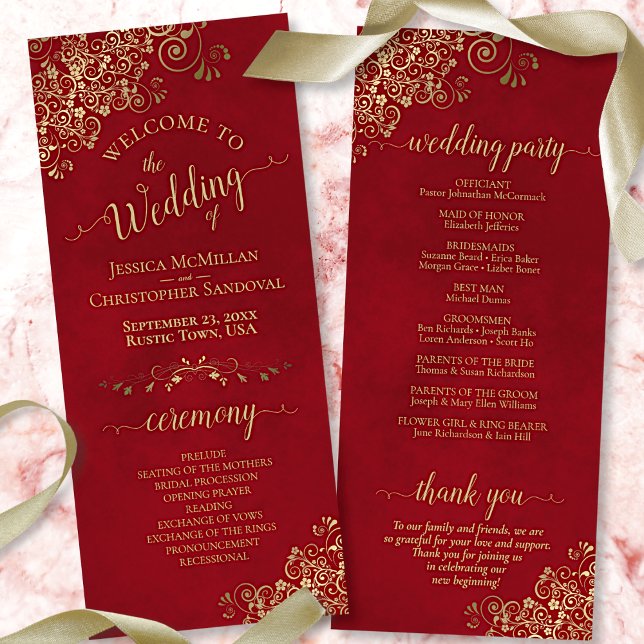 Elegant Ornate Gold Curls on Crimson Red Wedding Program (Creator Uploaded)