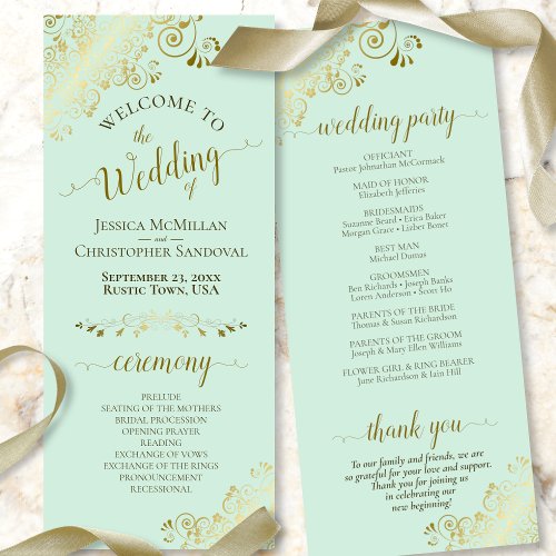 Elegant Ornate Gold Curls on Mint Green Wedding Program