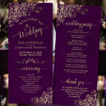 Elegant Ornate Gold Curls on Plum Purple Wedding Program<br><div class="desc">This beautiful wedding program features an elegant design with gold text on a plum purple background and lacy golden faux foil curls and swirls in the corners. The titles are written in fancy script calligraphy, and there is space for your ceremony and wedding party details, as well as a short...</div>