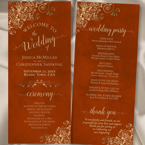 Elegant Ornate Gold Curls on Rust Orange Wedding Program