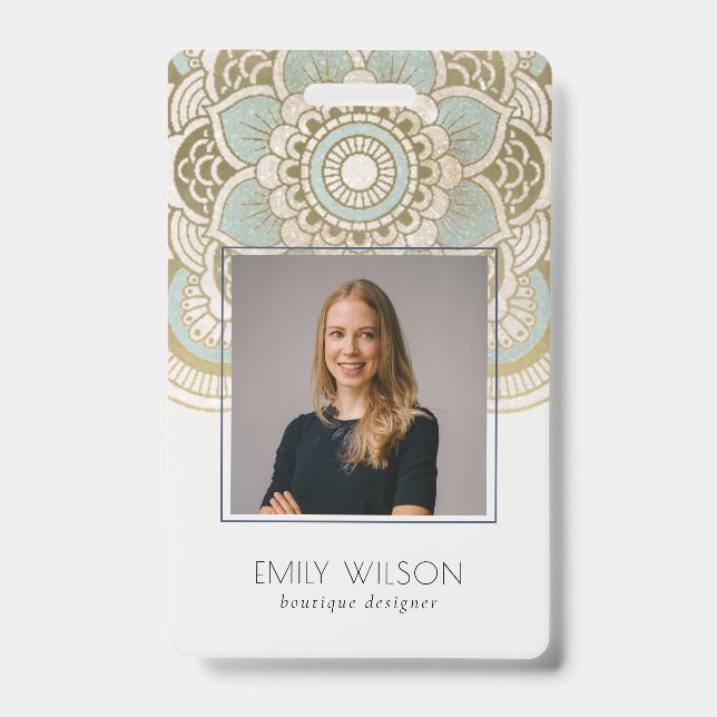 Elegant Ornate Gold Foil Teal Mandala Photo Badge (Front)