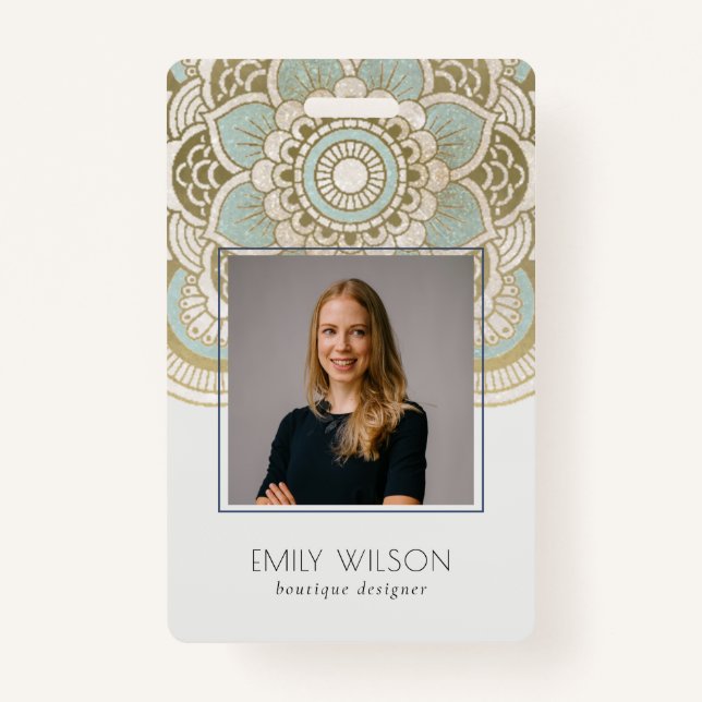 Elegant Ornate Gold Foil Teal Mandala Photo Badge (Front)