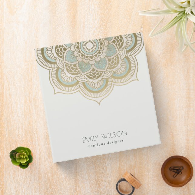 Elegant Ornate Gold Foil Teal Turquoise Mandala 3 Ring Binder (In Situ)