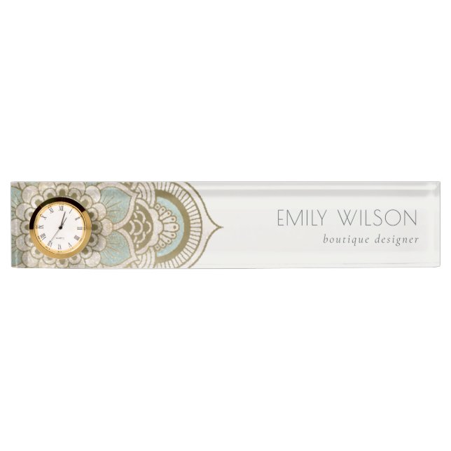 Elegant Ornate Gold Foil Teal Turquoise Mandala Desk Name Plate (Front)