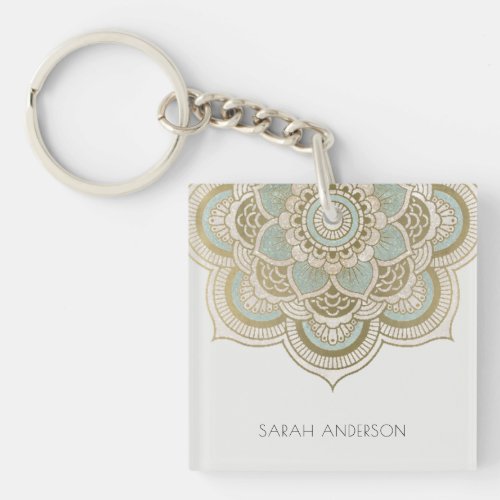 Elegant Ornate Gold Foil Teal Turquoise Mandala  Keychain