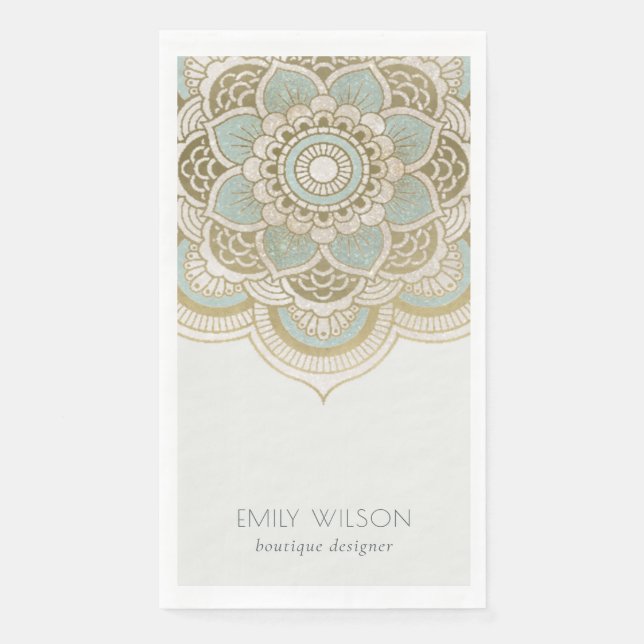 Elegant Ornate Gold Foil Teal Turquoise Mandala Paper Guest Towels (Front)