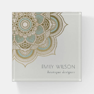 Elegant Ornate Gold Foil Teal Turquoise Mandala Paperweight