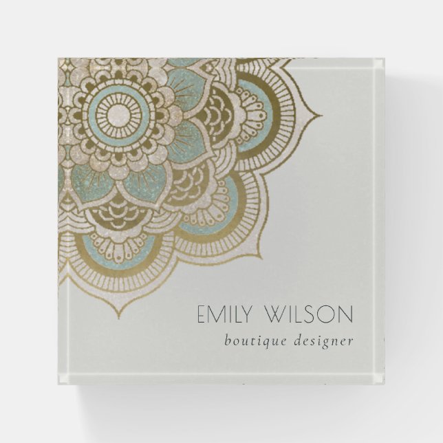 Elegant Ornate Gold Foil Teal Turquoise Mandala Paperweight (Front)