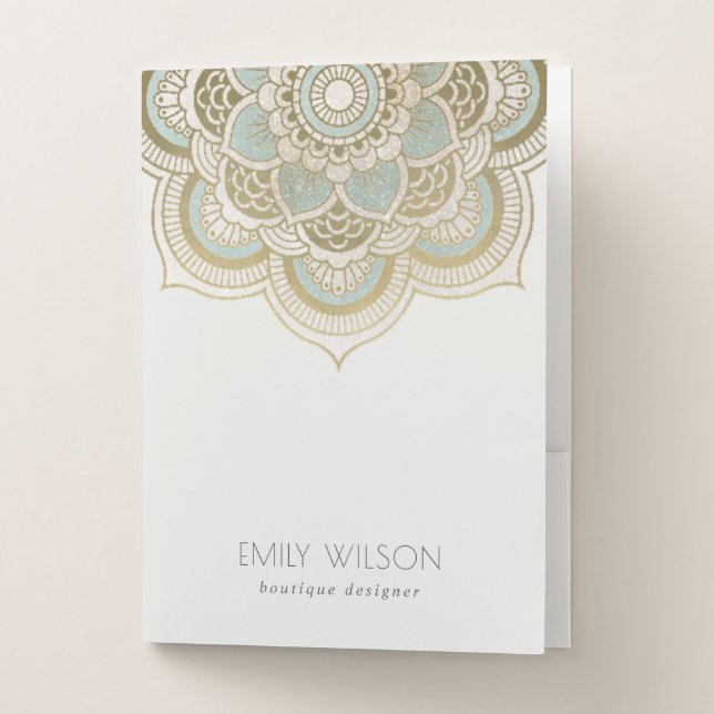 Elegant Ornate Gold Foil Teal Turquoise Mandala Pocket Folder (Front)