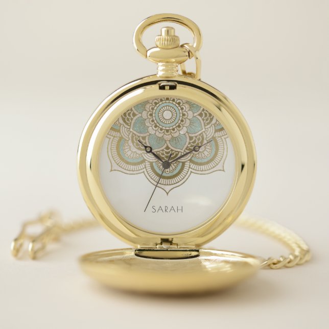 Elegant Ornate Gold Foil Teal Turquoise Mandala Pocket Watch (Inside)