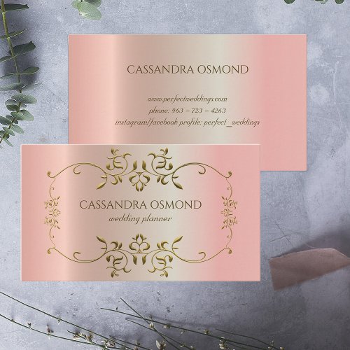 Elegant Ornate Gold Frame On Pink Metallic Business Card