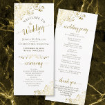 Elegant Ornate Gold Frills on White Wedding Program<br><div class="desc">This beautiful wedding program features an elegant design with gold text on a white background and lacy golden faux foil curls and swirls in the corners. The titles are written in fancy script calligraphy, and there is space for your ceremony and wedding party details, as well as a short thank...</div>