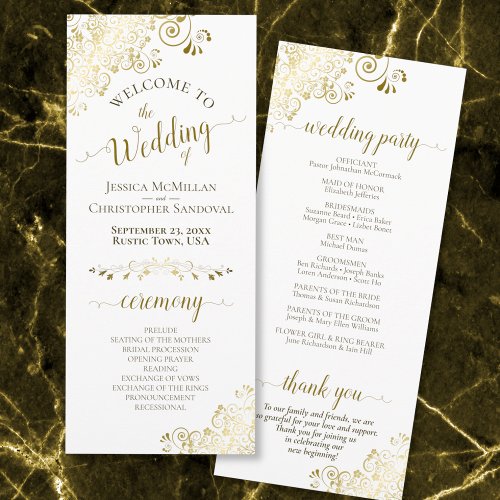 Elegant Ornate Gold Frills on White Wedding Program