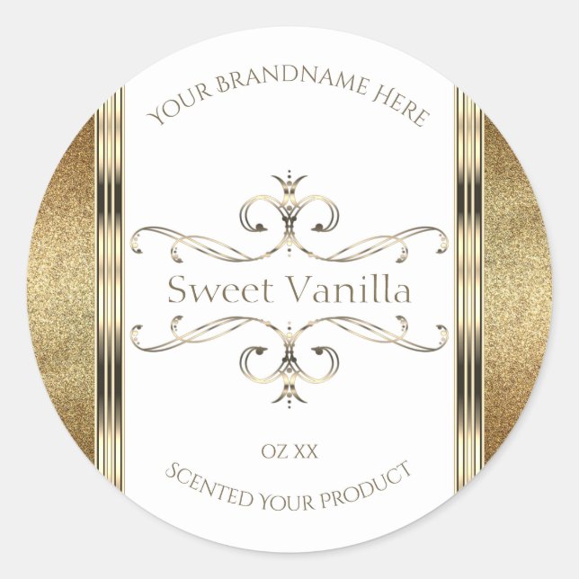 Elegant Ornate Gold Glitter White Product Labels (Front)