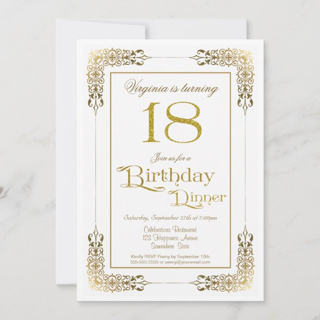 Elegant Ornate Gold Lace 18th Birthday Dinner Invitation (Front)