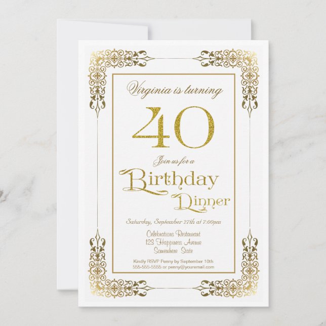 Elegant Ornate Gold Lace 40th Birthday Dinner Invitation (Front)