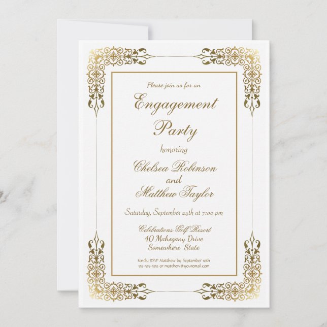 Elegant Ornate Gold Lace Engagement Party Invitation (Front)