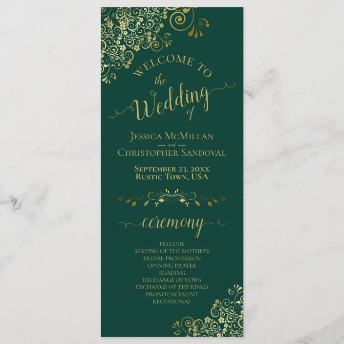 Elegant Ornate Gold Lace On Emerald Green Wedding Program