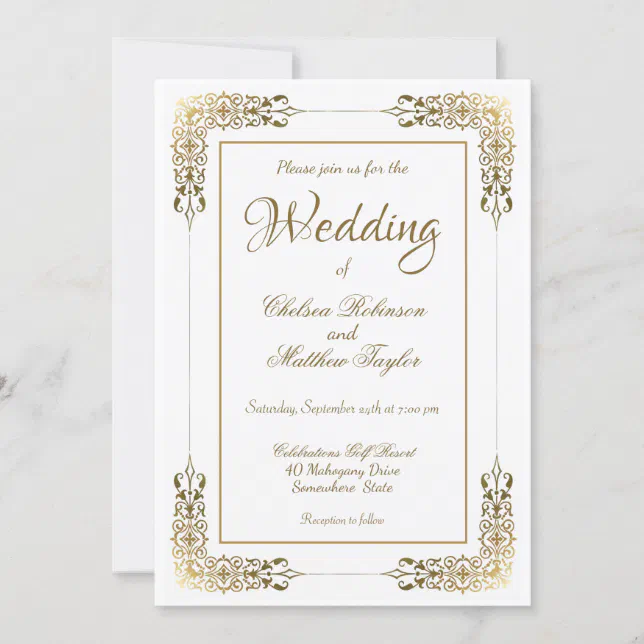 Elegant Ornate Gold Lace Wedding Invitation | Zazzle