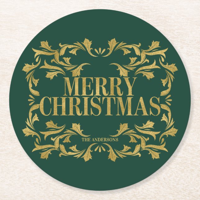 Elegant Ornate Gold Merry Christmas Coasters (Front)