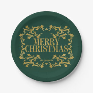 Elegant Ornate Gold Merry Christmas Paper Plate