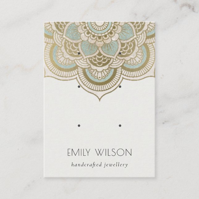 Elegant Ornate Gold Teal Mandala 3 Earring Display Business Card (Front)
