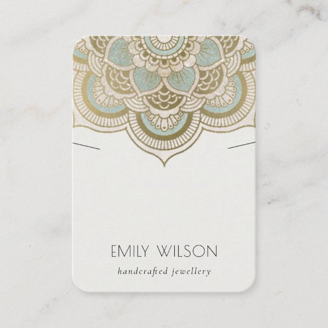 Elegant Ornate Gold Teal Mandala Necklace Display Business Card (Front)