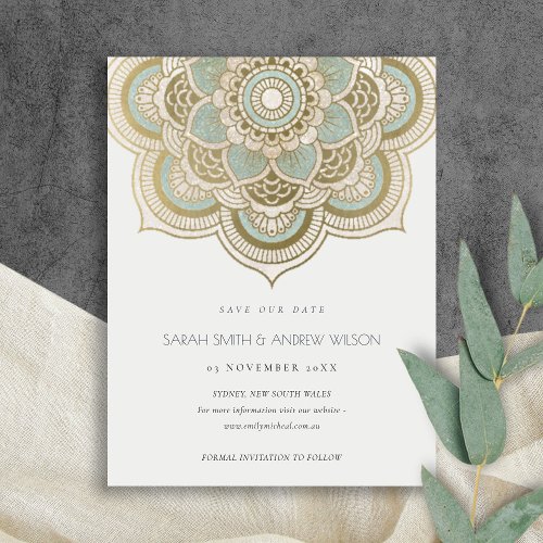 Elegant Ornate Gold Teal Mandala Save the Date Postcard