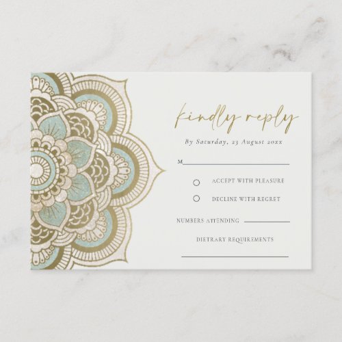 Elegant Ornate Gold Teal Mandala Wedding RSVP Enclosure Card