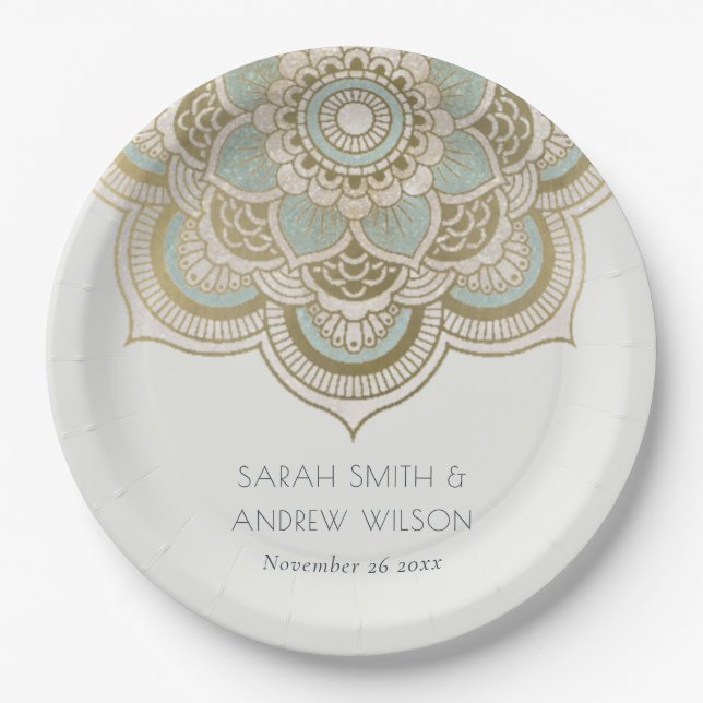 Elegant Ornate Gold Teal Turquoise Mandala Wedding Paper Plates (Front)