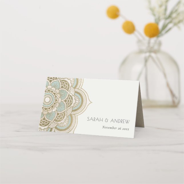 Elegant Ornate Gold Teal Turquoise Mandala Wedding Place Card (Front)