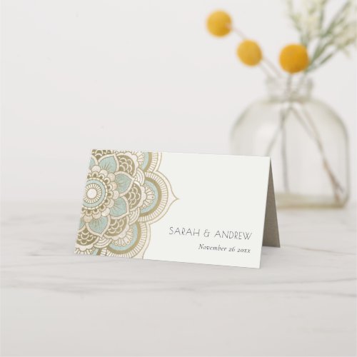 Elegant Ornate Gold Teal Turquoise Mandala Wedding Place Card
