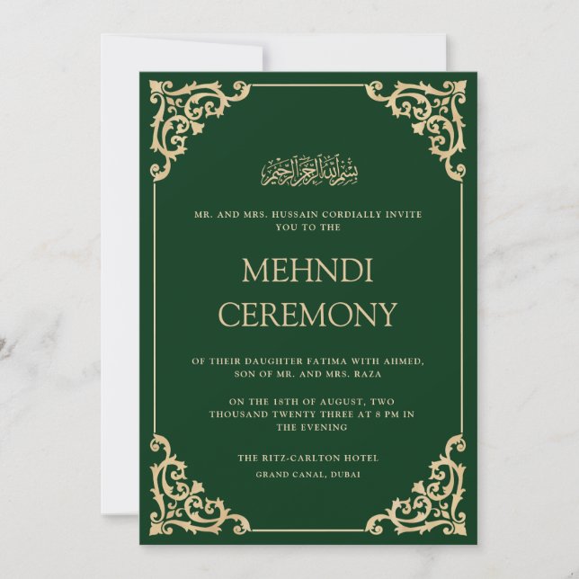 Elegant Ornate Green Gold Henna Mehndi Ceremony Invitation (Front)