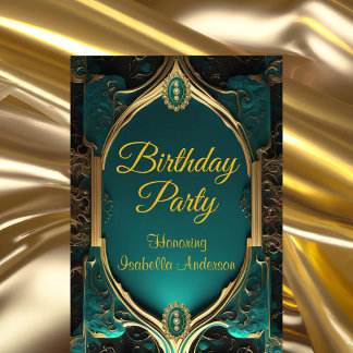 Elegant Ornate Jade Emerald Gold Birthday Party Invitation