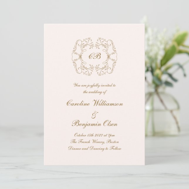 Elegant Ornate Parisian Blush and Gold Wedding Invitation (Standing Front)