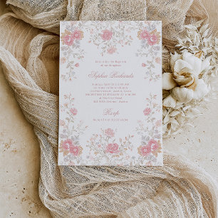 Elegant Ornate Pink Roses Baptism Invitation