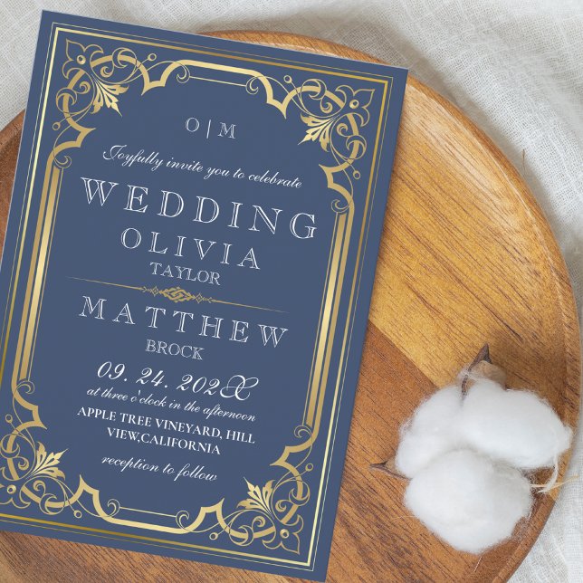  Elegant ornate romantic vintage blue gold Wedding Invitation (Creator Uploaded)