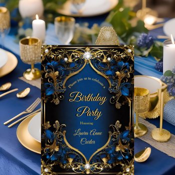Elegant Ornate Royal Blue Gold Pearl Birthday Invitation by Zizzago at Zazzle
