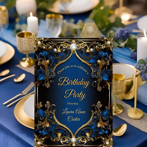 Elegant Ornate Royal Blue Gold Pearl birthday Invitation