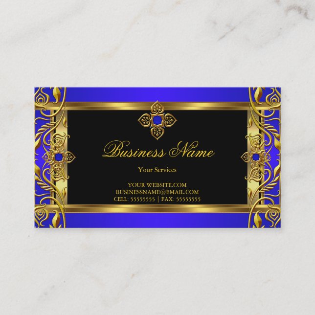 Elegant Ornate Royal Blue Jewel Black Gold Business Card (Front)