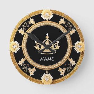 Elegant Ornate Royal Crown Symbol Round Clock