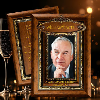 Elegant Ornate Rustic Gold Wood Photo Birthday men Invitation