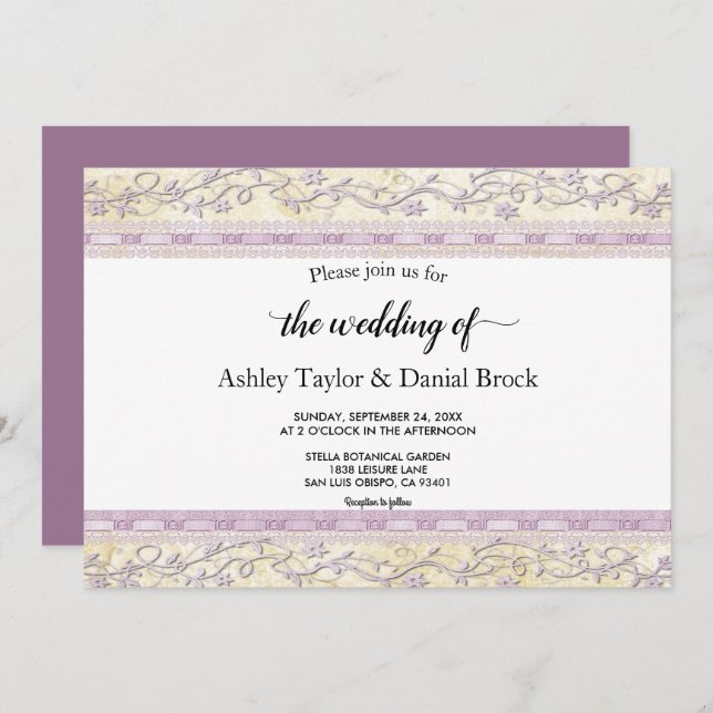 Elegant Ornate Simple Script Purple Classy Wedding Invitation (Front/Back)