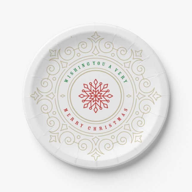 Elegant Ornate Snowflake Holiday Greeting Paper Plates (Front)