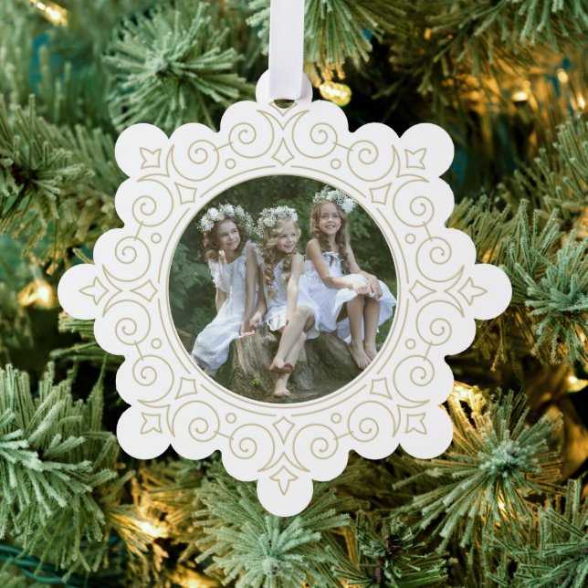 Elegant Ornate Snowflake Holiday Photo Ornament Card (Insitu (Tree))