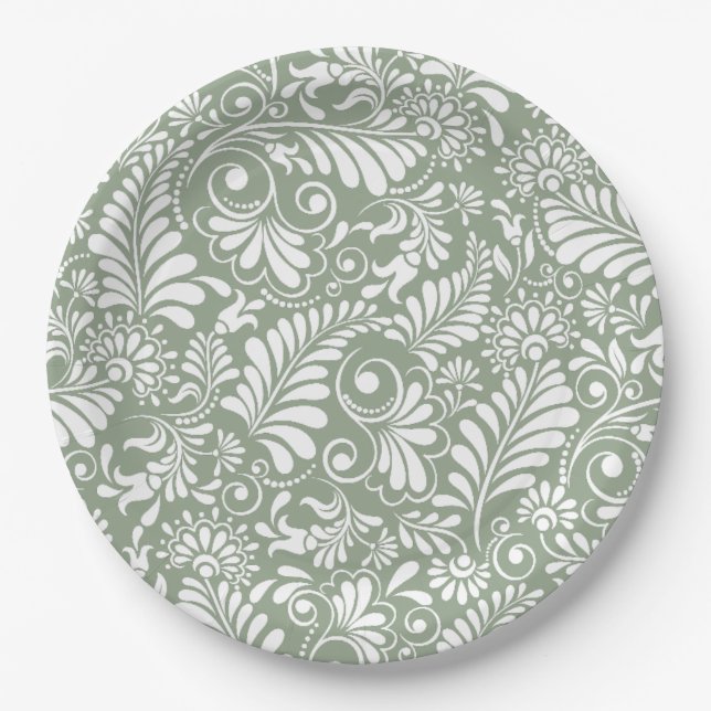 Elegant Ornate Swirl Sage Green Floral Wedding Paper Plates (Front)