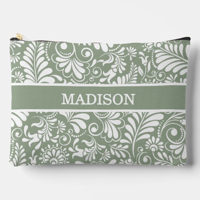 Elegant Ornate Swirl Save Green Floral Wedding Accessory Pouch (Front)
