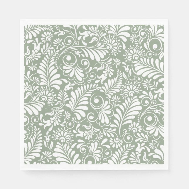 Elegant Ornate Swirl Save Green Floral Wedding Napkins (Front)